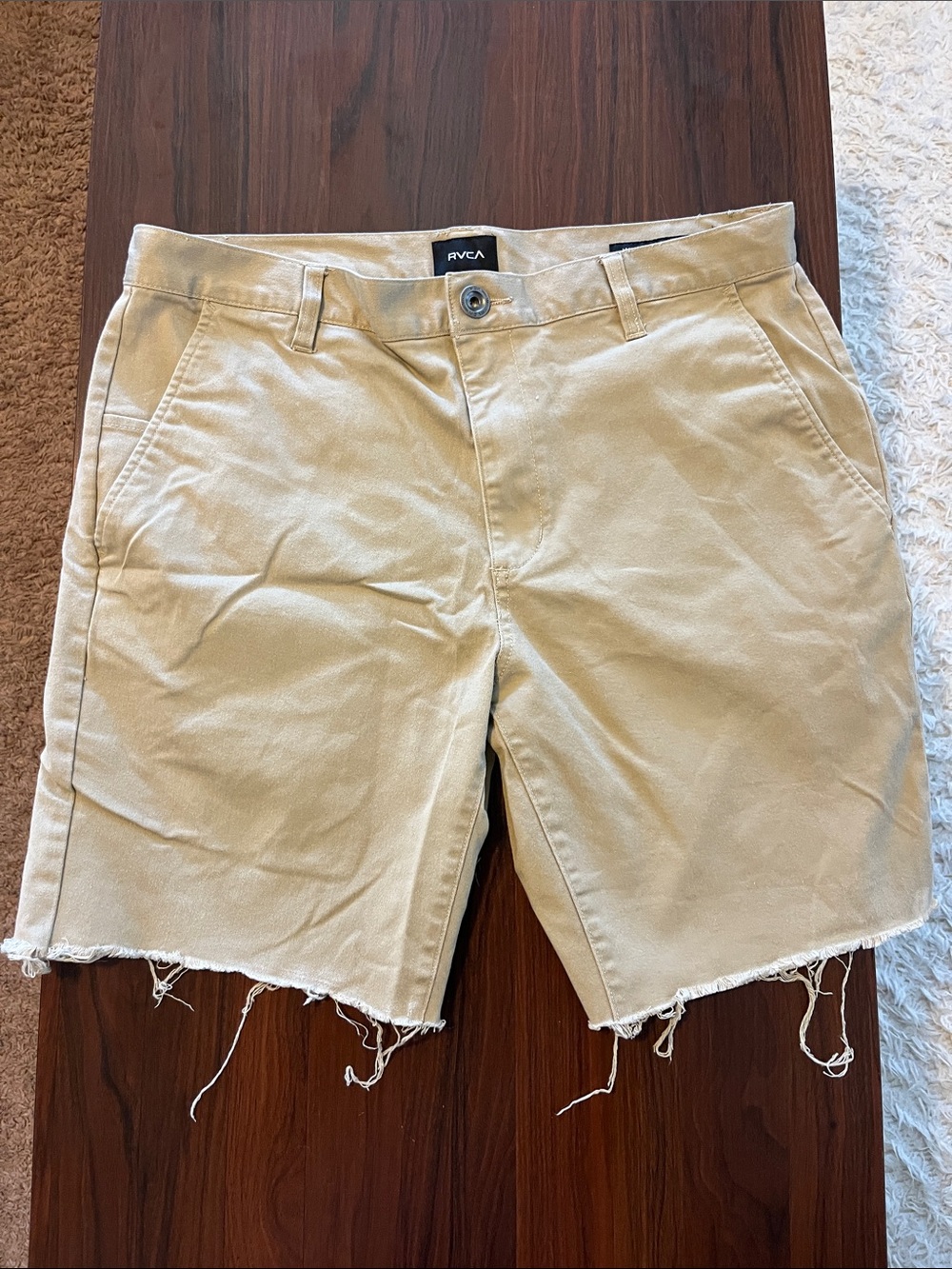 RVCA Men’s Weekender Shorts Beige Flat Front Frayed Hem
